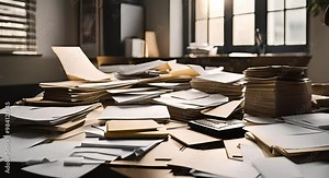 Messy workspace papers everywhere