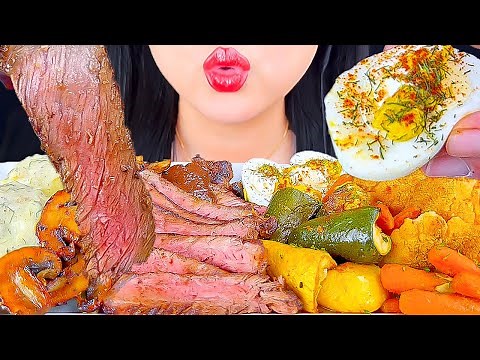NY STRIP STEAK, CREAMY POTATOES, ROASTED VEGGIE & BUTTER MUSHROOMS | ASMR | MUKBANG | EATING SOUNDS