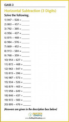 📋 Horizontal Subtraction (3 Digits) | Maths Worksheet with Answers 🧑🏻‍🏫 | Class 3 #shorts #maths