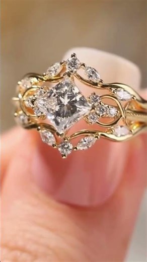 Art Deco Princess Lab Grown Vintage Engagement Ring Set Bridal Wedding Nature Inspired Anniversaries