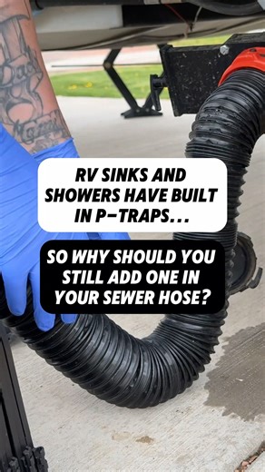 Yes, your RV sinks and showers have built-in p-traps. 🚌🚿 But if you leave your gray tank open while camping on full hookups, adding a p-trap to your sewer hose is a smart move! 🪰 Adding a p-trap with water in the bend creates a second line of defense against sewer gas, bugs, and unpleasant odors creeping up through your hose. Better safe than sorry! ‼️ If your RV uses HepVo waterless traps, adding a p-trap to the sewer hose is really important. Why? Because a water vapor barrier is still the 