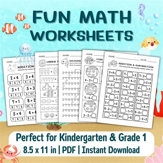 Ocean Math Worksheets: Addition, Subtraction, Color by Code (printable PDF) - Etsy