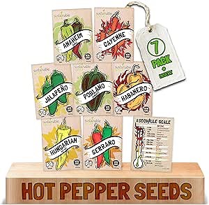 Hot Pepper Seeds for Planting - 7 Heirloom Chili Pepper Seeds Variety Packets Garden Seeds for Planting Cayenne Anaheim Hungarian Wax Pepper Habanero Serrano Poblano, & Jalapeno by Sustainable Sprout