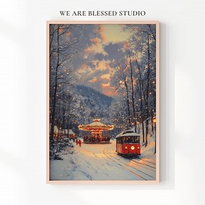 Vintage Snowy Carousel and Red Tram - Cozy Winter Street Scene, Festive Glow, Moody Twilight Landscape, Digital Printable Wall Art - Etsy Canada