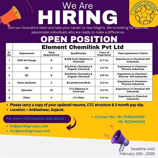 Birdwing_consultancy_and_services on Instagram: "Great Opportunity For Plant Operator , Fitter , Chemist , shift incharge, store assistant #job #jobs #jobvacancy #ankleshwar #bharuch"
