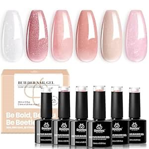 Beetles Builder Gel Set,6 Colors Glitter Shimmer 7 in 1 Nude Pink White Nail Thickening Strengthening Building Apex for Beginner DIY Salon at Home,Shimmer Builder Nail Gel,UV & LED Lamp Cured Needed