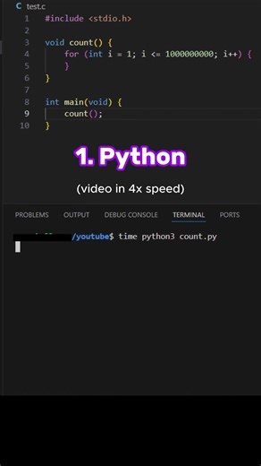 Counting to 1 BILLION in C vs Python speed test #coding #python #c #ccode #c++