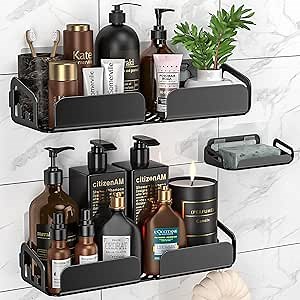 Bathroom Shower Organizer, YASONIC 3-Pack Strong Adhesive Shower Caddy with Soap Holder and 8 Hooks, No Drilling Wall Mounted Rustproof Stainless Steel Shower Shelf, for Inside Shower, Bathroom, Black