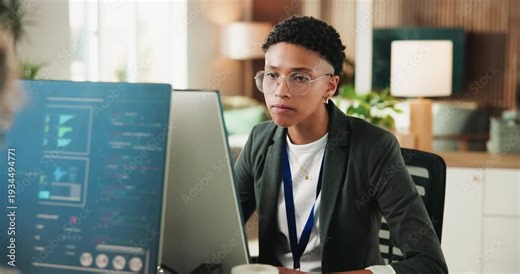 Programmer, code and woman with computer screen, office and plan for project, happy or data analysis. Employee, typing and person with technology for web development, programming and problem solving