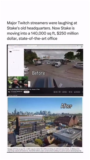 How Stuff Works ⚙️ on Instagram: "People used to clown Stake for having one of the sketchiest HQs ever: a tiny Curaçao building that looked more like a mechanic’s garage than a global gambling brand. Streamers roasted it live, memes exploded, and everyone treated it like a joke. But the joke didn’t age well. Because now that same company is stepping into a $250,000,000 headquarters - a 140,000 sq ft architectural monster in the heart of Melbourne. Glass, steel, luxury meeting floors, rooftop ter