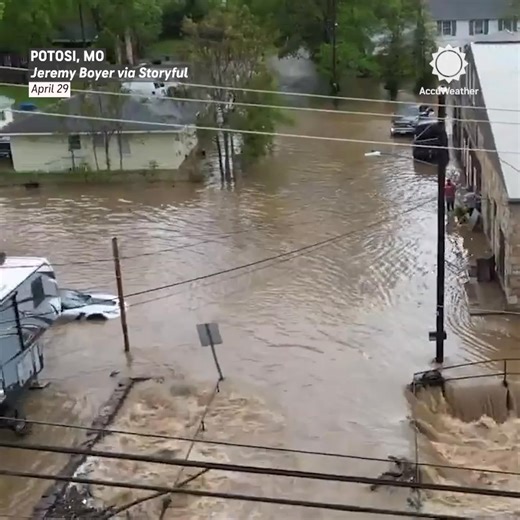 Drone video shows roads transformed into raging rivers after a tornado-warned storm in Potosi, Missouri, on Tuesday. | AccuWeather