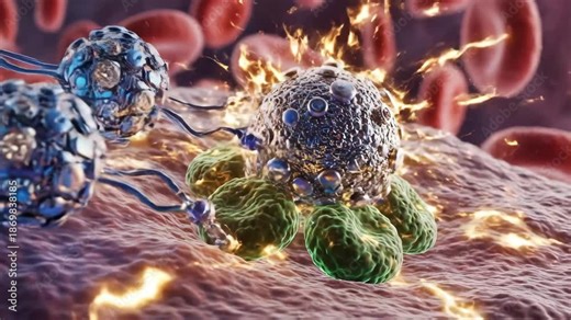 Nanobots Targeting Cancer Cells in Bloodstream - Microscopic video shows blue nanobots attaching to cancerous cells with light effects, in a bloodstream with red blood cells.
