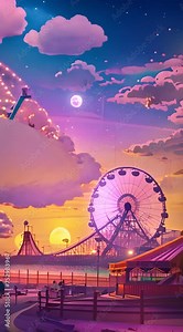 Vector background of amusement park. Poster design invitation of the carnival funfair and amusement with sunset. Ferris wheel, roller coaster and carousel festive parks attractions. 4K Video