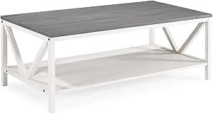 Walker Edison Modern Farmhouse Distressed Wood Rectangle Coffee Table Living Room Ottoman Storage Shelf, 49 Inch, Grey and White