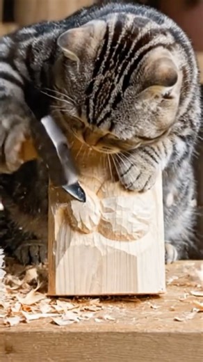 The Sculptor Cat – Carving Its Own Wooden Statue!