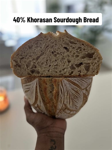 I was honestly expecting this loaf to come out a lot flatter and denser because this loaf is 40% khorasan flour at 75% hydration, but I was pleasantly surprised by how much I loved this one. The crumb on this loaf is exactly what I hope for when I cut into bread. Moist, soft, slightly custardy, and really well structured. You can tell the dough was fermented properly because the crumb is open without being wild, light without being fragile, and it holds up beautifully. This is the kind of textur