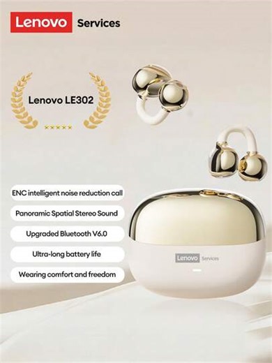 Lenovo LE302 New Bluetooth Earphones, Clip-On Open-Ear Surround Sound Stereo, High-Quality Audio, Low Latency, Music & Gaming, Directional Audio, ENC Noise Cancellation, Clear Calls, Wireless Earphones Compatible With Smartphones & Computers | SHEIN