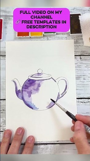 Lavender watercolour teapot 🫖 Free templates for beginners #shorts