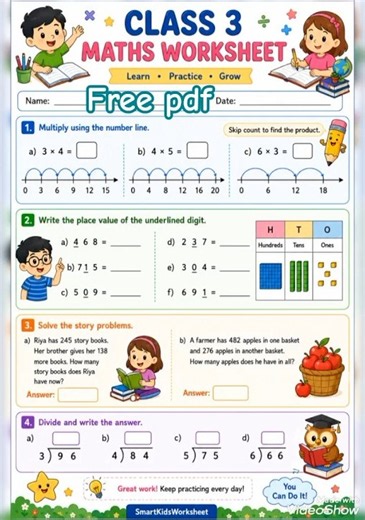 Grade 3 Maths Worksheet | Multiplication, Fractions, Division & Place Value | Class 3 part2 #shorts