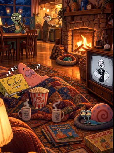 🍿🔥📺 Cozy Rainy Day Movie Night! Outside it's pouring rain, but inside it's pure comfort — SpongeBob and Patrick have dozed off mid-movie with popcorn and hot cocoa, Gary's curled up nearby, while a turtle reads by the dining table and a squirrel cooks up something warm in the kitchen. With the fireplace crackling and an old cartoon playing on TV, this is the ultimate cozy hideaway on a stormy night. 🌧️☕🧸 #CozyVibes #RainyDayMood #MovieNight #SpongeBob #Patrick Nostalgia Cartoon FanArt Digit