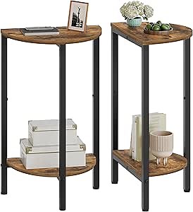Side Table, Small End Table Set of 2, Half Round Side Table, Half Moon Table, 2-Tier Narrow Sofa Table, Nightstand with Open Sheleves, Entryway Table for Living Room, Rustic Brown ET07L2BR