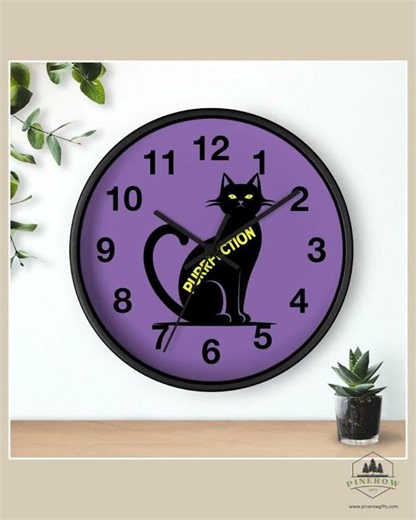 Spooky Black Cat Wall Clock: Purple Halloween Decor