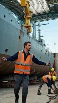 Industrial workers work in marine vessel maintenance.