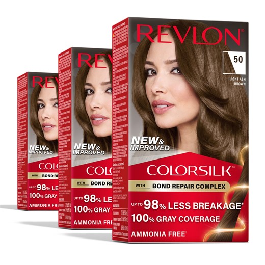 Revlon ColorSilk Permanent Hair Color, Bond Repair Complex, 50 Light Ash Brown, 3 pack