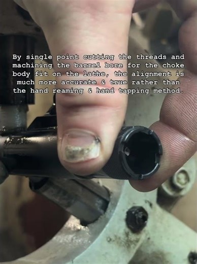 Threading muzzle of shotgun barrel for choke fitment. #dnafirearmsystems #shotgun #machining
