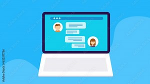 Online live chat app on laptop screen, users having conversation communication technology. Sending message digital media concept. Video animation.