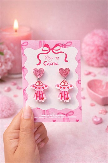 Pink UFO Earrings, Alien Spaceship Dangle, Heart Detail Jewelry - Etsy