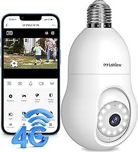 LaView 4G LTE Cellular Light Bulb Security Camera,360°2K Security Cameras Wireless Outdoor Indoor 4MP Full Color Day and Night,Motion Detection, Audible Alarm,Easy Installation,Compatible with Alexa