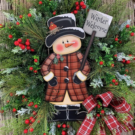 Snowman Wreath, Christmas Door Hanger, Holiday Wreath for Front Door, Red Cardinal Snowman With Shovel Sign, Snowflake, Winter Welcome Sign - Etsy