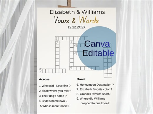 Wedding Crossword Printable | Bridal Shower Game | Wedding Puzzle for Guests | Editable Canva Template A4 - Etsy