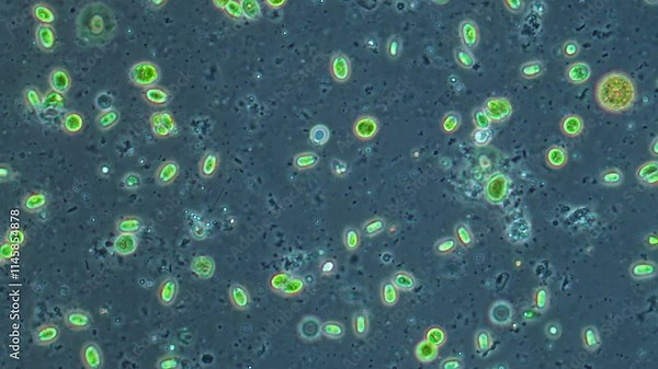 Unicellular green algae at high magnification of a microscope on a dark background, algae cells and moving chlorella cells Stock Video