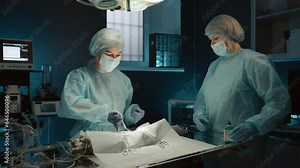 Vet doctor and assistant preparing cat for surgery in veterinary clinic. Domestic cat under anesthesia on the operation table. Female veterinarians wearing surgical uniform for operation, 4k footage