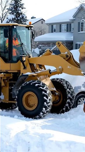A wheel loader rescuing a stuck SUV buried in deep winter snow.
