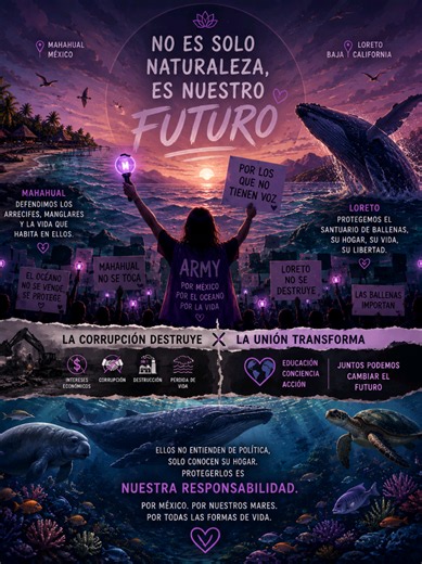 México no solo es tierra. Es océano, arrecifes, manglares, ballenas, manatíes y millones de vidas que dependen de que alguien las defienda. 🌊🐋 Mahahual y Loreto nos demostraron que cuando la corrupción y los intereses económicos intentan destruir la naturaleza, nuestra voz también puede ser poderosa. Porque proteger el océano no debería ser una lucha. Debería ser una prioridad. Las ballenas no entienden de política. Los animales no conocen la ambición humana. Solo conocen su hogar. Y mientras 