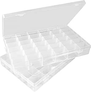 2-Pack 36-Grid Clear Organizer Box with Adjustable Dividers – Plastic Storage Box for Beads, Rock Collections & Jewelry – Small Parts Sorter for Screws, Tackle & Nails (No-Spill Latch)