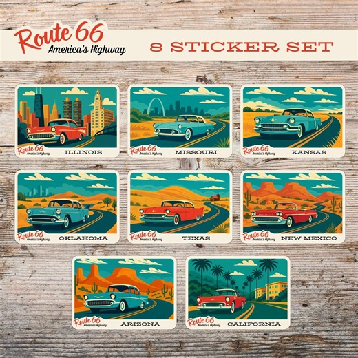 Route 66 Sticker Set – 8 States Retro Car Travel Decals - Etsy