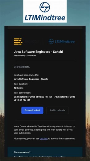 LTI Mindtree is sending Exam mail to shortlisted candidates for Java Software Engineer Role #itjobs