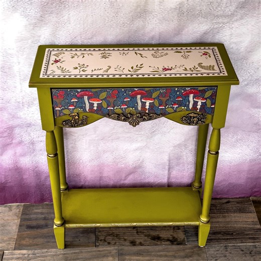 Hand-painted Woodland Console Table • Green Mushroom Entryway Table With Drawer • Narrow Hallway Accent - Etsy