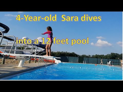 4-year-old Sara dives into a 12 feet pool off the diving board and lifeguard board! swimming diving.