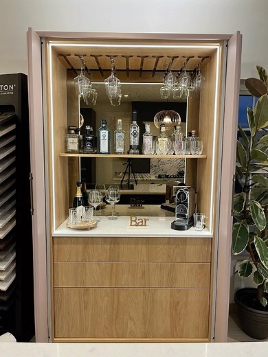 Introducing our new @pwsdistributors Fitzroy home bar! 壟 Isn’t it a beaut?  We can make these pocket door larders to suit any customers’ spec. Pop in to our showroom see for yourselves!  #lifelongkitchensltd #bespokekitchens #pocketdoors #madetomeasure #kitchenshowroom #homebar #interiordesign #cambridgeshire #heartofthehome #pws #pinkkitchen #rosekitchen | Lifelong Kitchens Ltd | Facebook