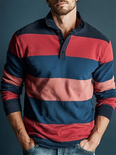 Men's Horizontal Stripes Rugby Polo Long Sleeve Polo Shirts Collared Shirts Sportswear Casual School Outdoor Athleisure 3D Print Spring Fall Winter Maroon Blue Brown 2025 - $23.99