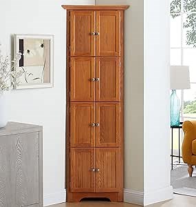 72 Inch Tall Corner Storage Cabinet with 8 Doors, 4-Tier Kitchen Pantry Cabinet, Freestanding, Oak