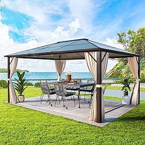 YOLENY 10'x12' Hardtop Gazebo, Outdoor Polycarbonate Roof Canopy, Aluminum Frame Permanent Pavilion with Curtains and Netting, Sunshade for Garden, Patio, Lawns