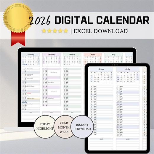 2026 Digital Excel Calendar | Annual Planner Yearly Monthly Planner | Today Highlight - Etsy UK