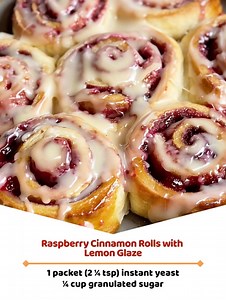 Raspberry Cinnamon Rolls with Lemon Glaze ingredients: 3 ½ cups all-purpose flour 1 packet (2 ¼ tsp) instant yeast ¼ cup granulated sugar ½ teaspoon salt Full Recipe 👇💬 | Grandma’s Recipe Book