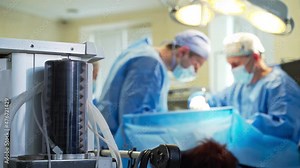 Surgical suction pump working during the operation. Tem surgeons operating at the backdrop in blur.